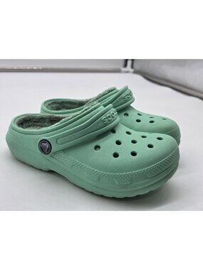 Crocs Classic Lined Clog Shoes Kids C12 Green Slip On Sandals Comfort Damage